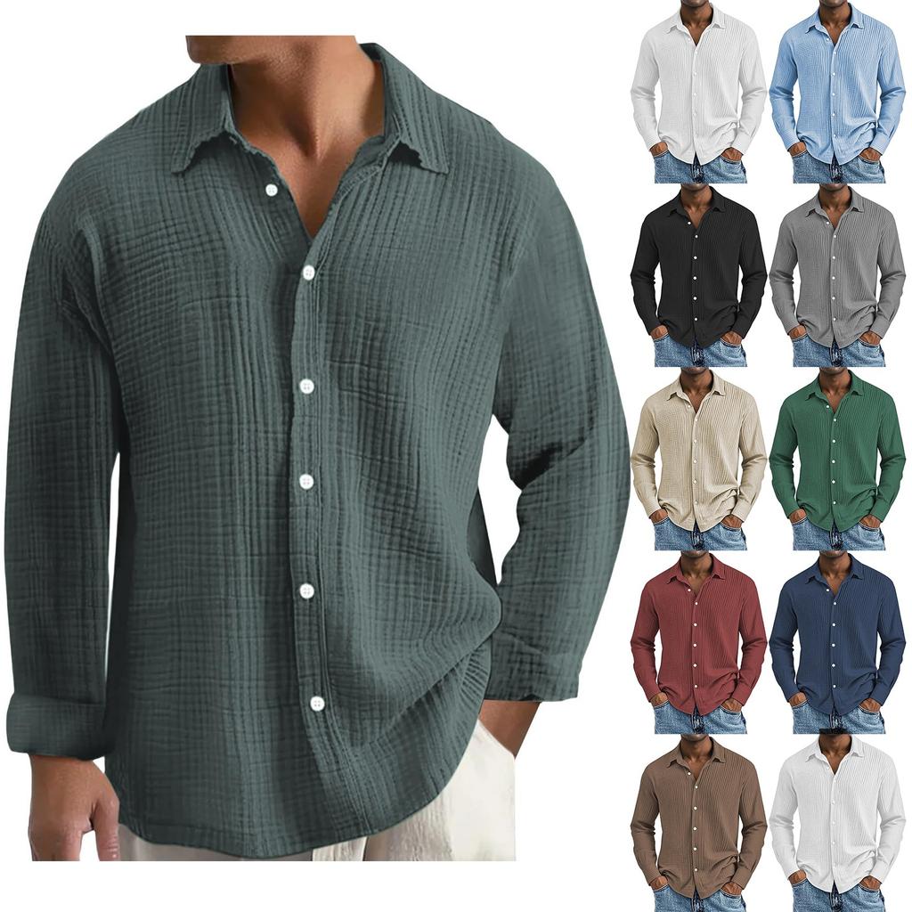 Men's Cotton Shirts Long Sleeve Casual Button Down Textured T-Shirt Loose Vacation Beach Lightweight Topsrt
