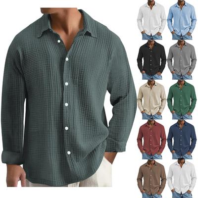 Camisas de Algodão Masculinas Manga Longa Casual Abotoada Camiseta Texturizada Solta Férias Praia Leve Topsrt