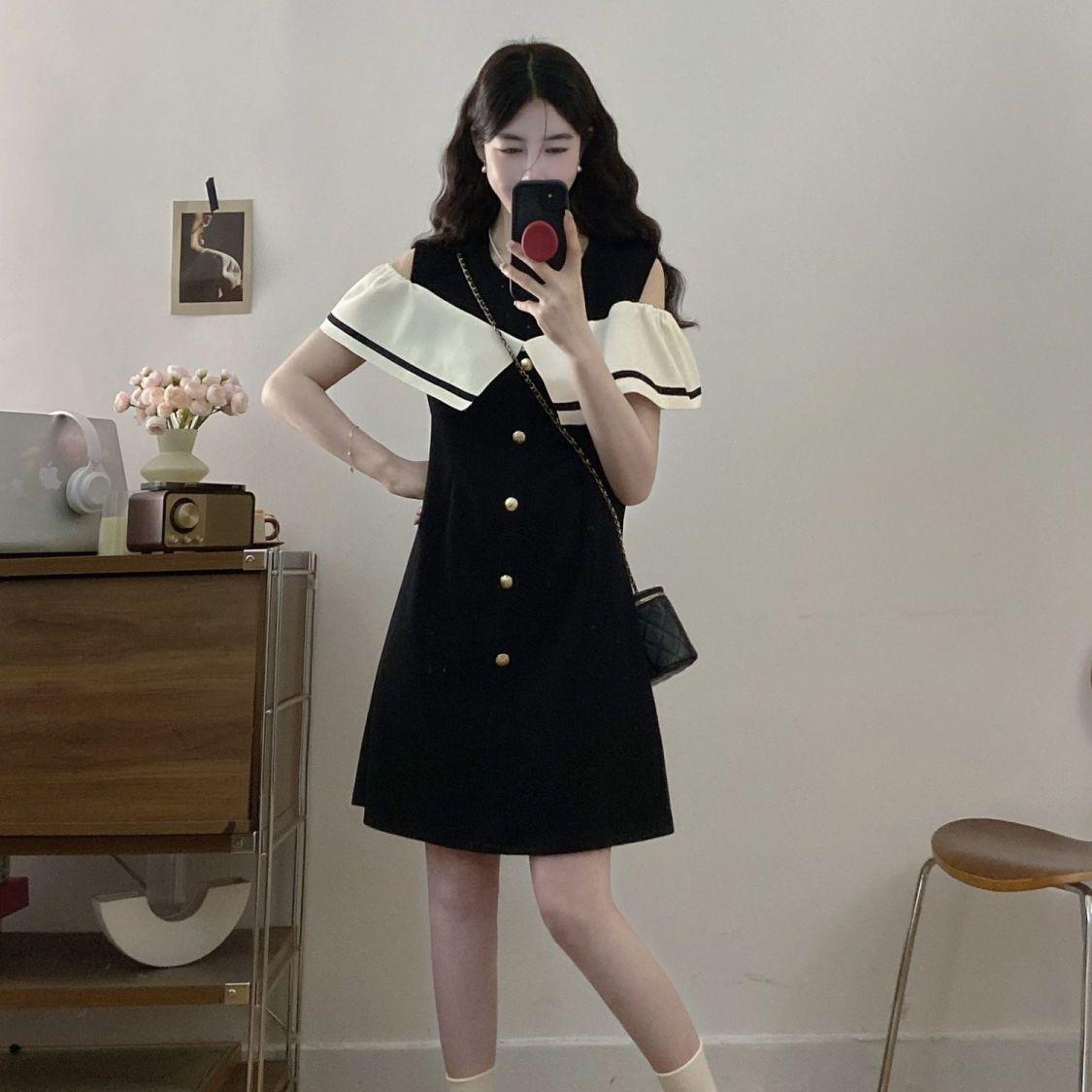 Korean Plus Size Ruffled Off-the-Shoulder Chic Dress - Summer Mid-Length Skirt for Women L [100-120 lbs]