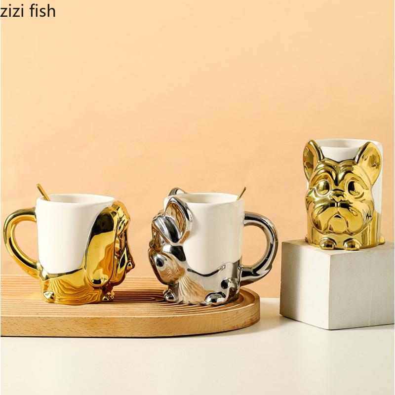 Keramikbecher mit goldenem und silbernem Hundemotiv, große Kapazität, Wasserbecher, Kaffeetasse, Milchteetassen, Nachmittagsteetassen, Kaffeebecher, Teebecher, Milchbecher