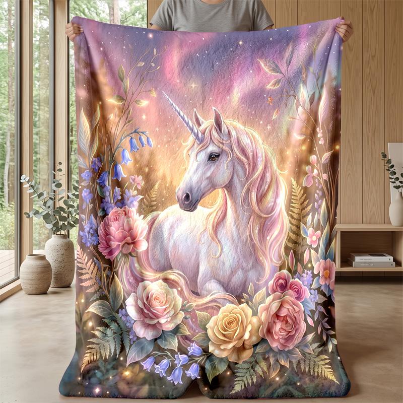 Magical Unicorn Among Flowers Theme Blanket Lightweight Warm Flannel Blanket Decorative Throw Blanket for Home Decoration