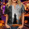 Women's Short Sleeve Cotton Linen Shirt Henley Neck Button Front Chest Pocket Halloween Print Casual Top