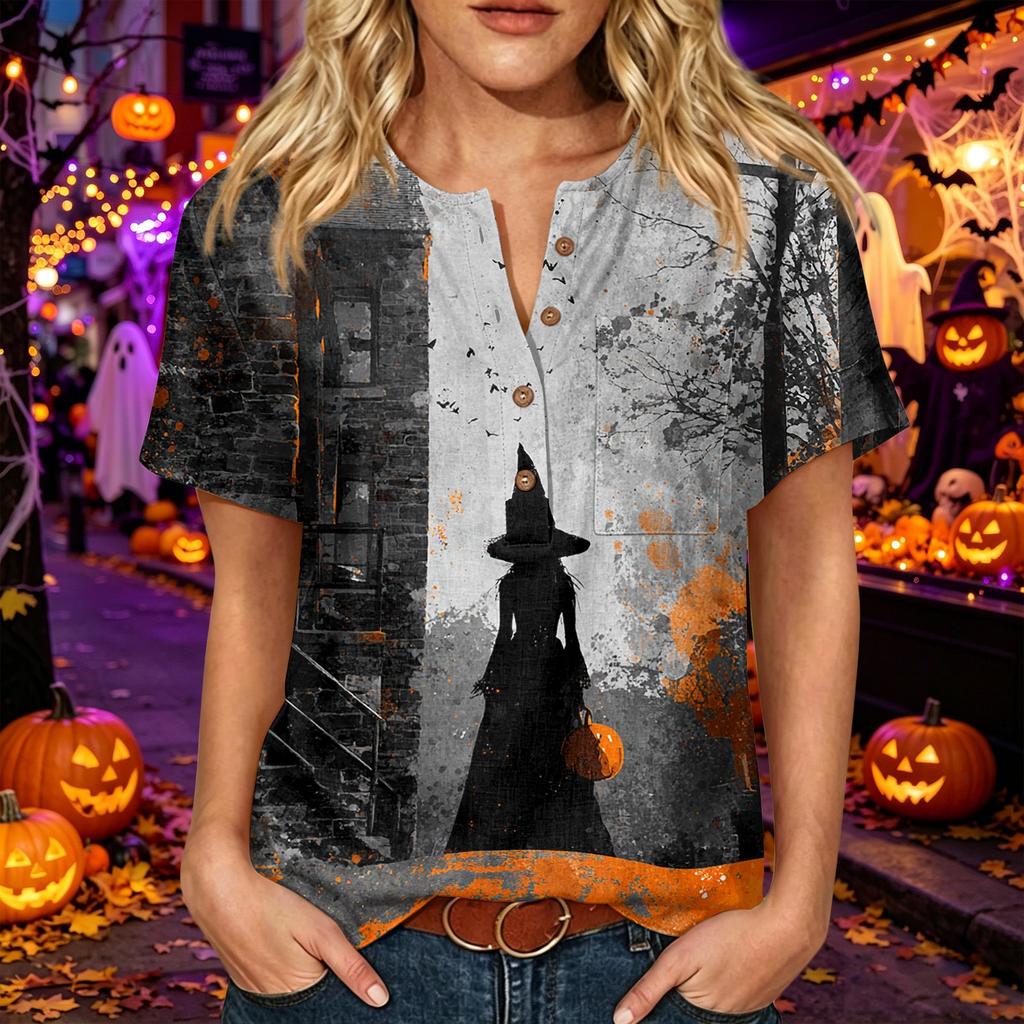 Women's Short Sleeve Cotton Linen Shirt Henley Neck Button Front Chest Pocket Halloween Print Casual Top