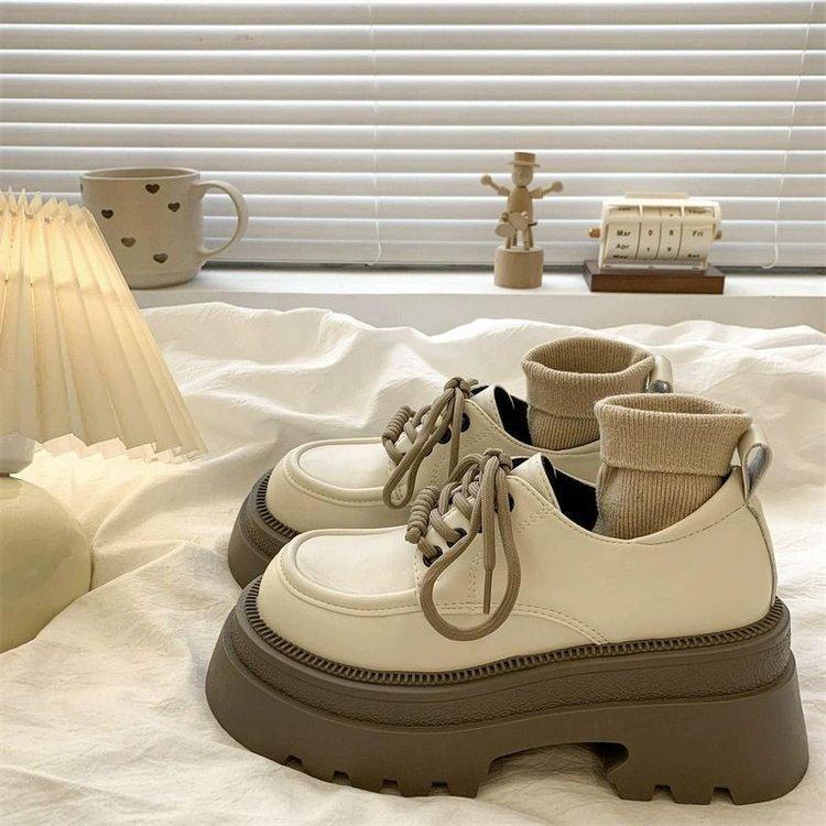 Platform thick heel small leather shoes women's British style 2025 spring new big head high heel lace-up Mary Jane Love single shoes