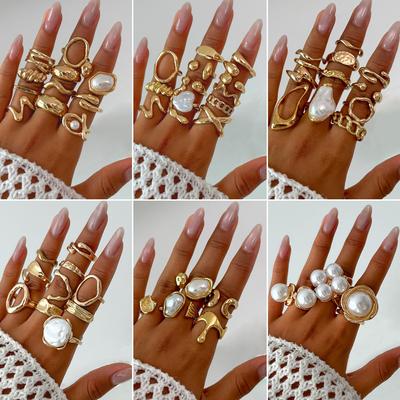 Anel de pérola de imitação exagerada personalizada, joia de mão, conjunto de anéis de lava líquida retrô irregular