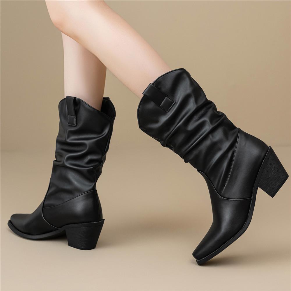 Women's  New Pointed Toe Western Cowgirl Chelsea Ankle Boots Cossacks Cowboy Boats Wedges Black White Size 35-46