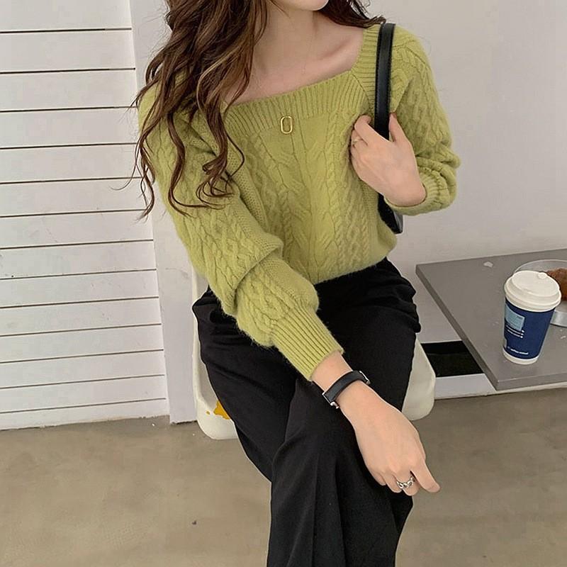 Lantern sleeve top women's spring and autumn literary style French twisted knitted sweater short niche temperament high sense