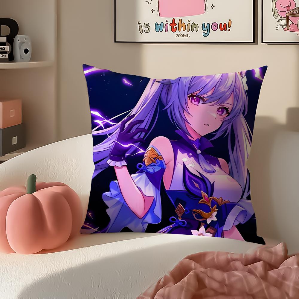 Game Genshin Keqing Cushion Cover Pillowcase Short Plush Invisible zipper Room Sofa Cushion Cover
