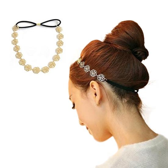 Lady Girl Fashion Sweet Metal Hollow Rose Flower Elastic Hair Band Headband