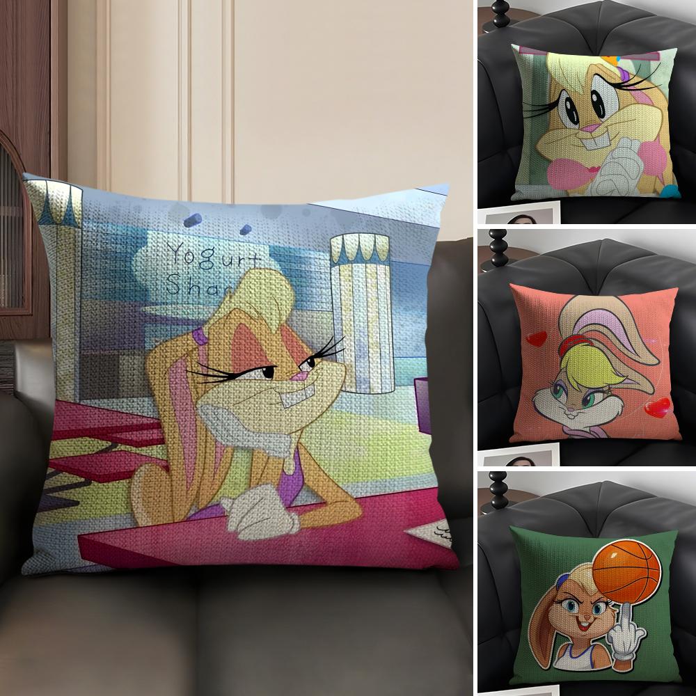 L-Lola Bunnyy Cartoon Cushion Cover Natural Linen Organic Fabric Double-Sided Printing Sofa Home Decor Gift Pillow Case