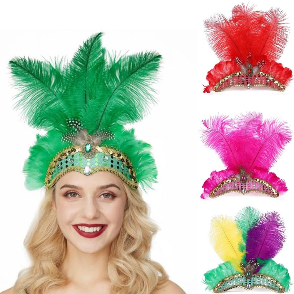 Women Carnival Crystal Crown Feather Headpieces 1920s Flapper Headband Show Girl Feather Headdress Mardi Gras Accessories