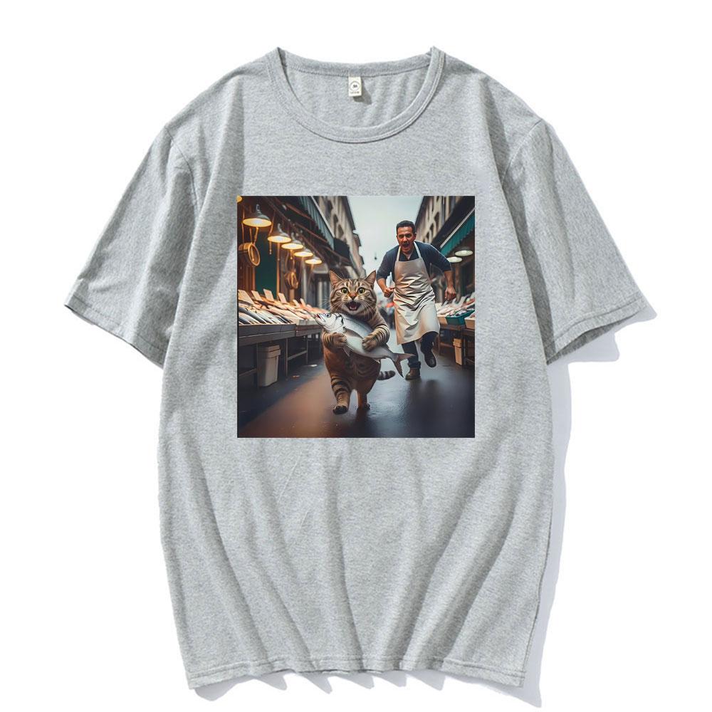 Funny Cat Stealing Fish Print Tshirts Unisex Women Clothing Vintage Casual Oversized High Quality T Shirt Short Sleeves Summer Tee