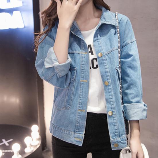 Winterjacke für Damen, lange Ärmel, Umlegekragen, Brusttaschen, Knopfverschluss, Mantel, einfarbig, lässig, Streetwear, Jeansmantel