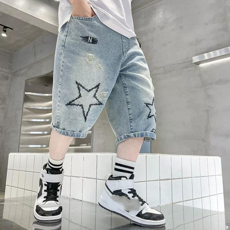 Boys Straight Denim Shorts Summer Children Casual Wide-leg Knee Length Pants Teenage Jean Short Trousers Kids Clothing 5-14 Year