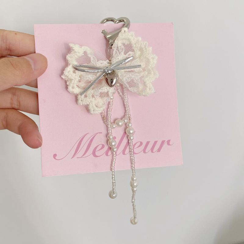 Ins Sweet Style Lace Bowknot Keychain Y2K Aesthetic Imitation Pearls Tassel Bow Keyring Exquisite  Bag Charms Key Pendant