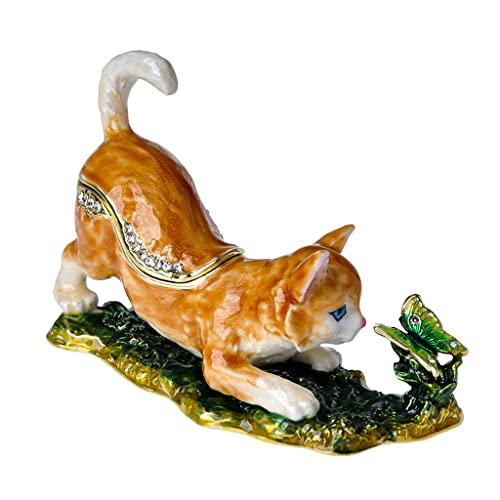 Cat Trinket Box, Small Animal Figurine, Gold Plated Crystal Enamel Jewelry, Animal Home Decor, Gift for Cat Lovers
