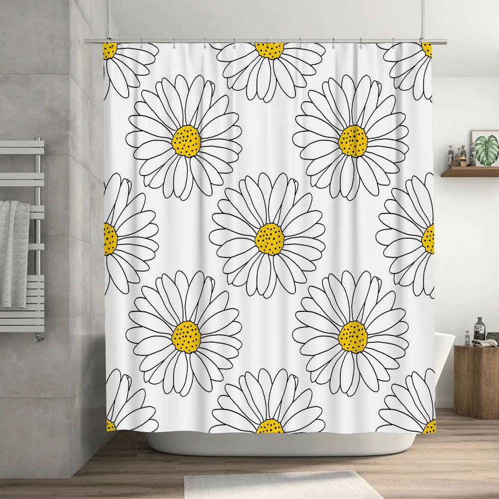 Decorative Bath Shower Curtain With Simple Daisy Pattern White Floral Printing Waterproof Fabric For Bathroom Decorations In Hom