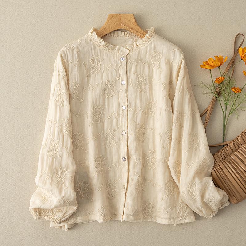 Women s Retro Embroidered Cotton-Linen Ramie Shirt L