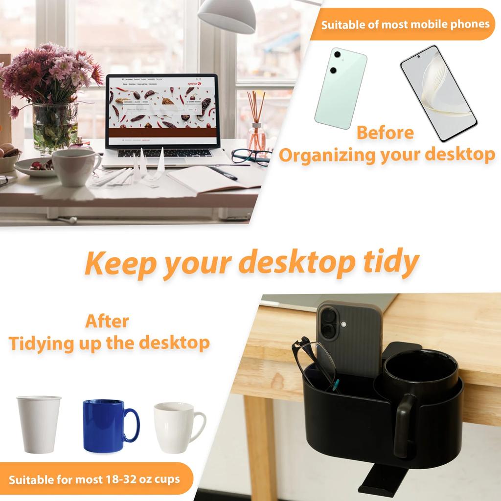 4 in 1 Desk Cup Holder Clamp on Under Desk Headphone Hanger Versatile Easy to Install Cup Holder for Coffee Mugs Water Bottles
