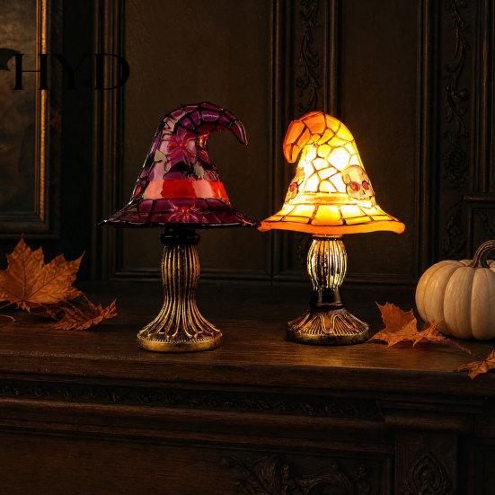 Energy Saving USB Lamp Halloween Witch Hat Table Lamp, Stained Glass Resin Vintage Gothic Wizard Decorative Night Light for Home, Bedroom