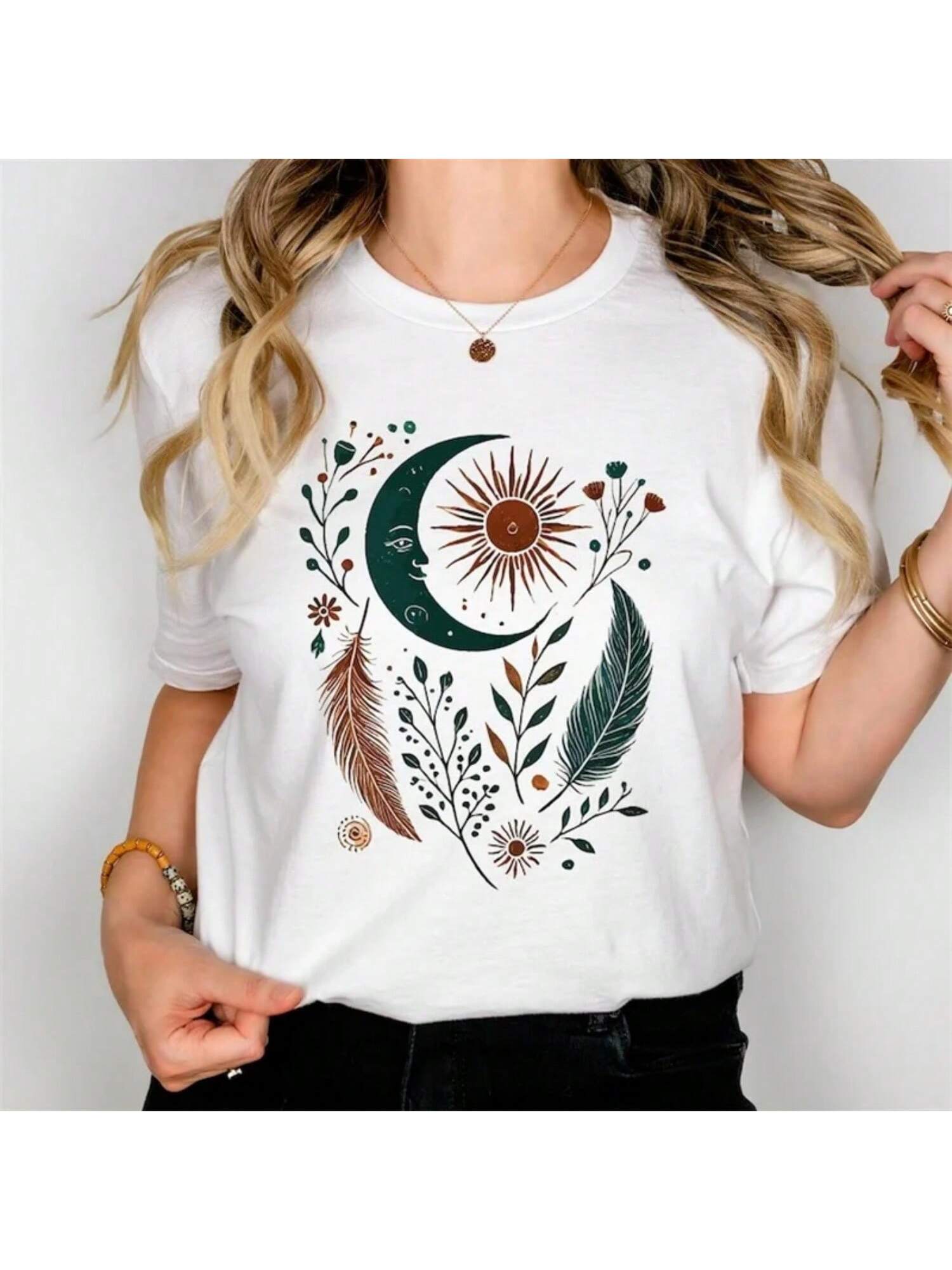 Moon Sun Feather Wounisex s T-Shirt Cute Pattern Top Short Sleeved T-Shirt Casual Lady s O-Neck Fashion White Tee For Wounisex S разноцветный