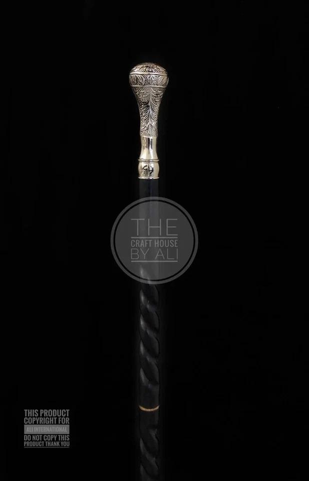 Handmade Vintage Solid Silver Brass Handle Antique Victorian Cane Wooden Walking