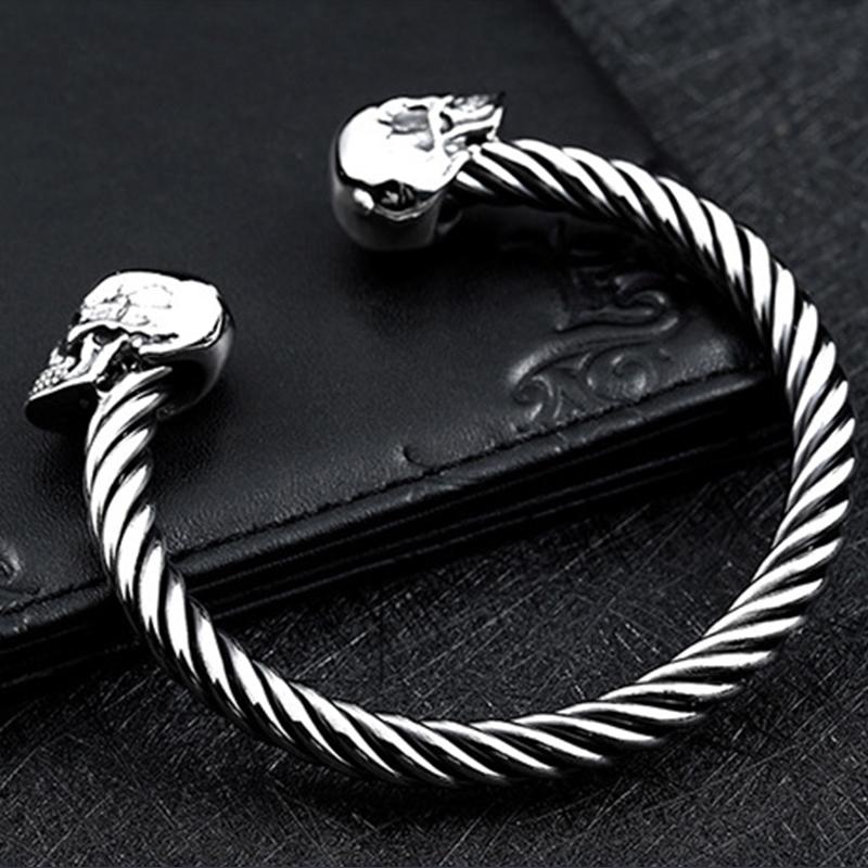 High Quality Stainless Steel Double Skull Bracelet Vintage Men Accessories Skeleton Bangle Fashion Charm Biker Jewelry