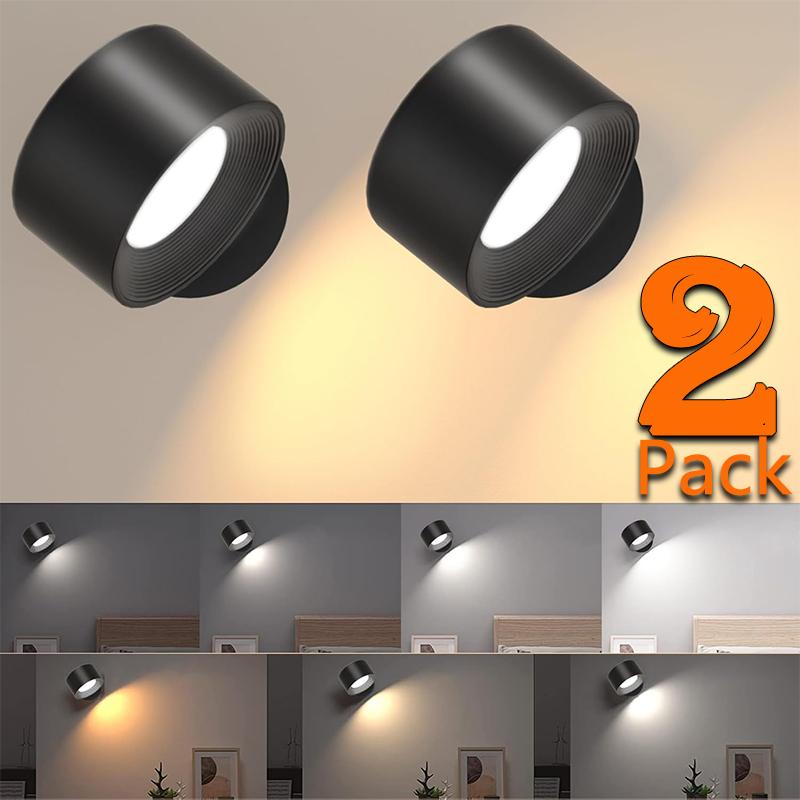 LED Wall Light Indoor Pack of 2, 3 Colour Modes, Bedside Lamp, Battery, 360° Rotatable Touch Control Lights for Children, Living