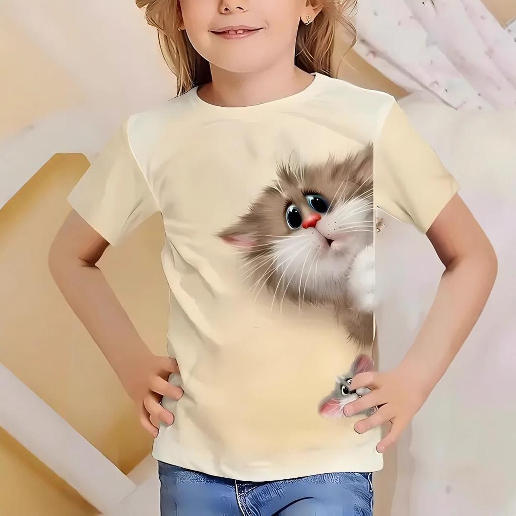 Summer Round Neck 3D Printed Top Fashionable Casual Short Sleeved Children's Girl T-shirts