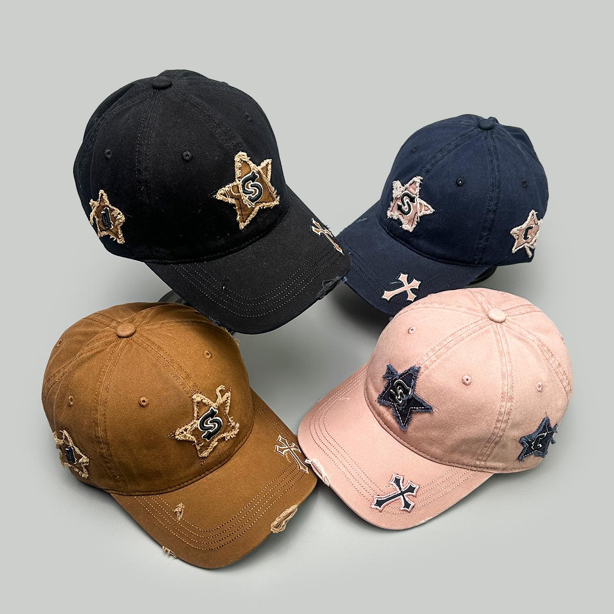 Supermarket Go Women's Camel Four Seasons Ripped Stars Embroidery S Letter Cross Baseball Cap Men's And Sunshade Retro Cap 52-60Cm