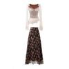 100kg Foreign Trade Plus-Size Women's Clothing Lace Patchwork Faux Two-Piece T-Shirt Floral Skirt Set for a Slimming Look