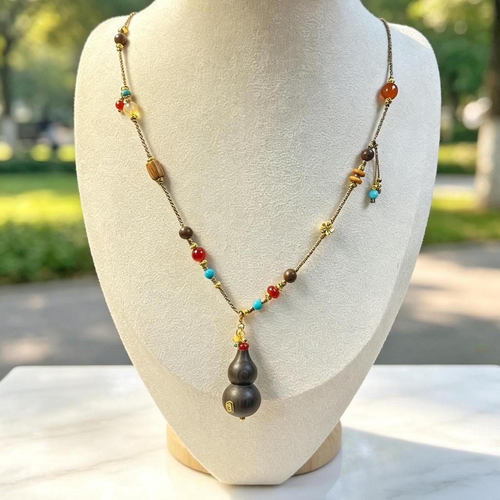 Handmade Sandalwood & Agate Gourd Necklace with Incense Beads