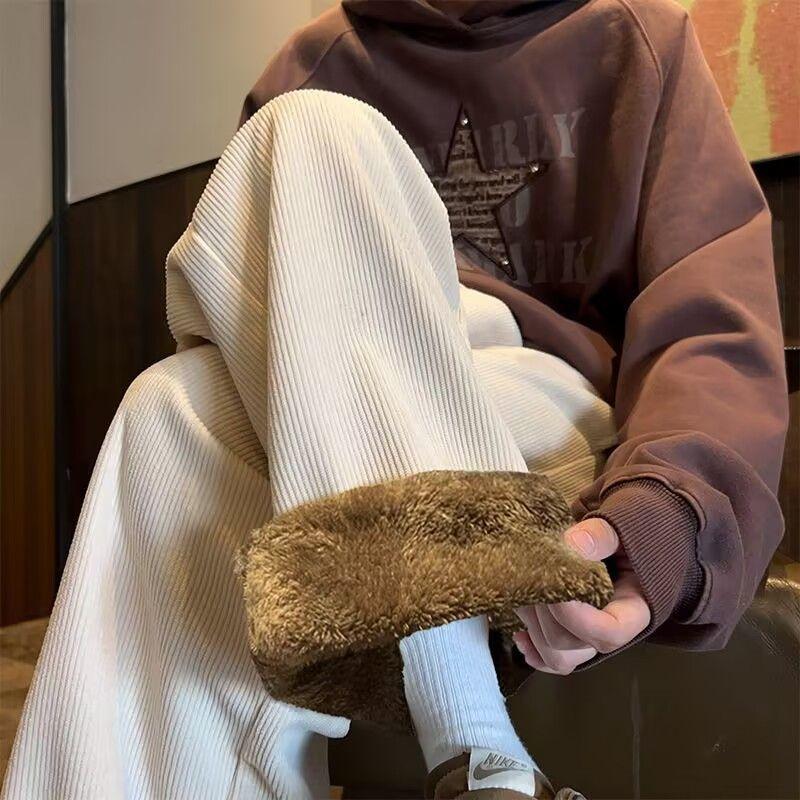 Winter Corduroy Thickened Pants Men's Loose-Fit American Style Straight-Leg Sweatpants Lamb Fleece Cold-proof Heavy Trousers