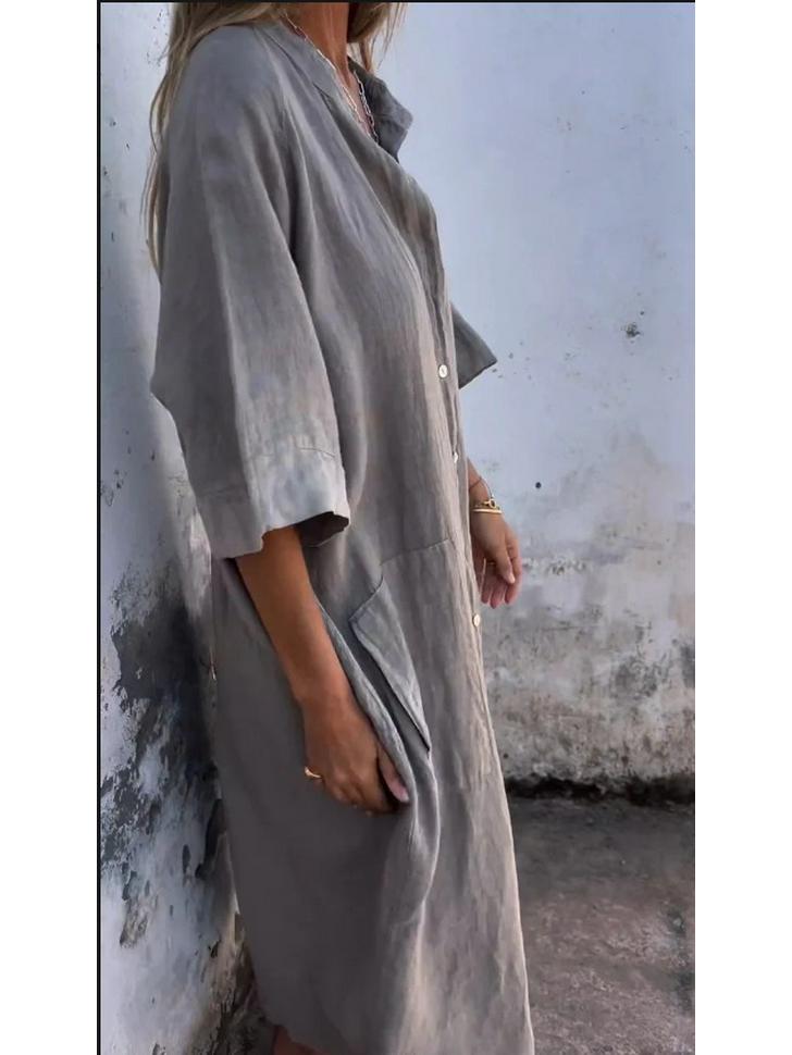 2026 Spring & Summer European-American Style Loose Cotton Linen Mid-Sleeve Shirt Dress for Women
