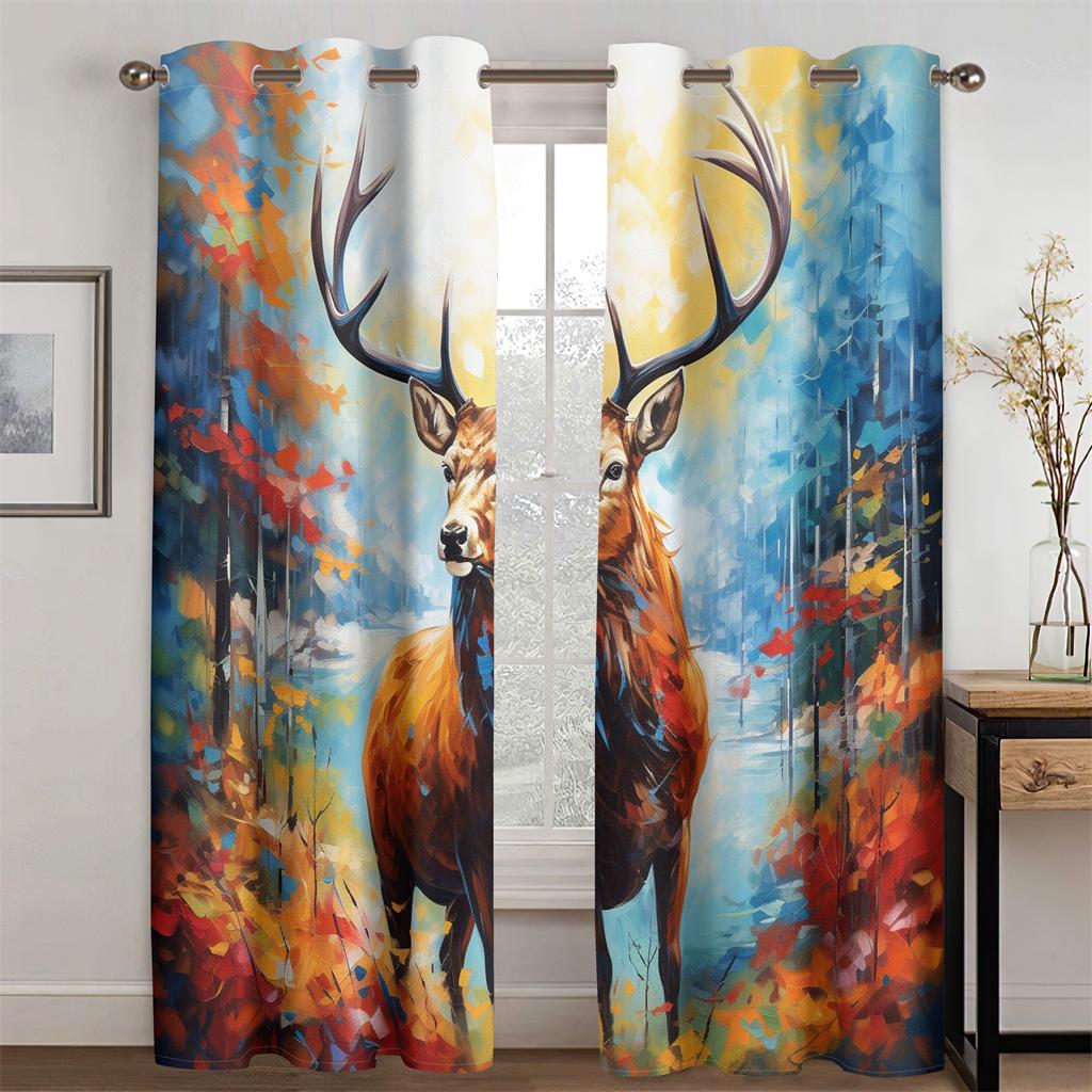

3D Oil Painting Elk Curtains European and American Style Colorful Living Room Bedroom Kitchen Balcony Window Curtains 2 pcs 50W130H(CM)X2PCS&Hook