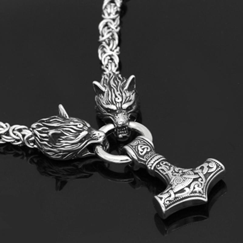 Nordic Herren 316L Edelstahl Wikinger Wolfskopf Stahlkette und Thors Hammer Mjolnir Anhänger Halskette Wikinger Herren Amulett Schmuck Geschenk