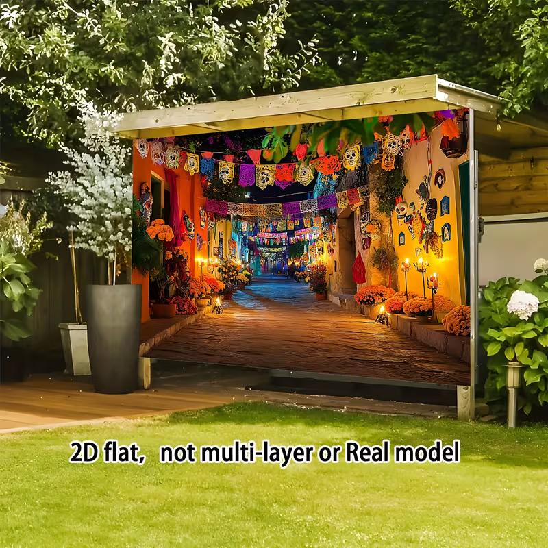 2D Día de los Muertos Fotobox Hintergrund, Mexikanisches Festival mit Ringelblumen und Kerzen