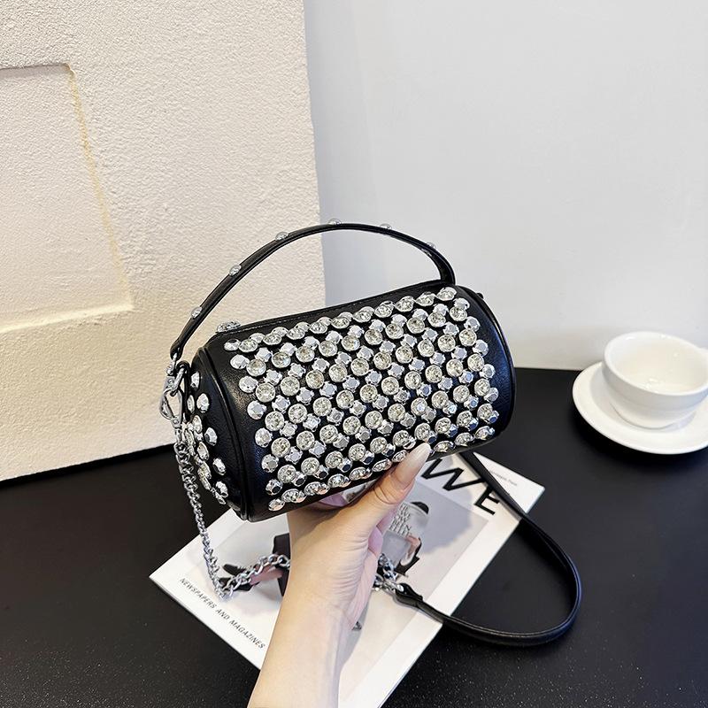 Summer niche cylinder portable women's bag 2025 new fashion rivet diamond pillow bag chain shoulder messenger bag