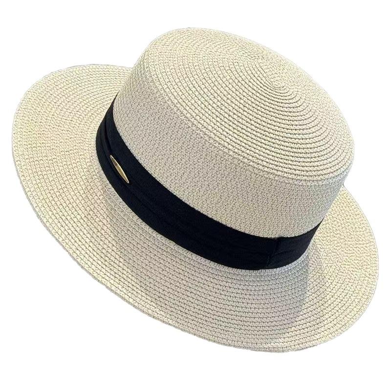 French light luxury flat brim straw hat women's spring summer elegant anti-ultraviolet sun hat seaside vacation versatile show small face