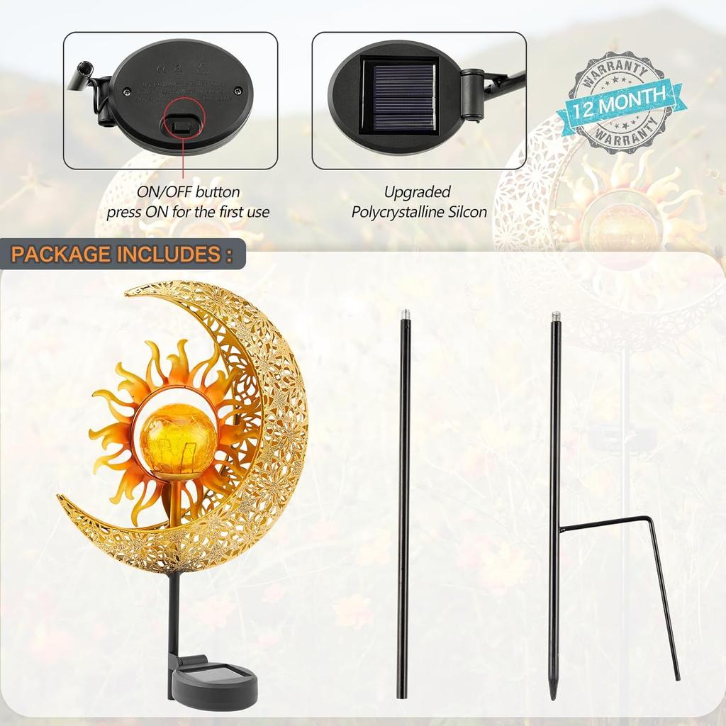 LICKLIP Garden Solar Lights Outdoor Decorative, Sun & Moon Crackle Glass Globe Metal Stake Light, Waterproof Warm White LED Light, Decorations for