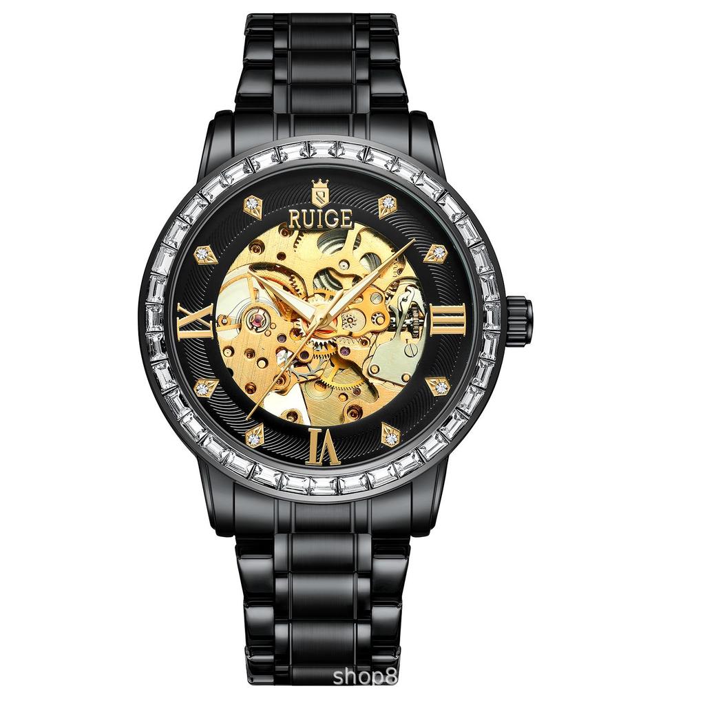 RUIGE Men's Automatic Skeleton Watch, Stainless Steel, Diamond Inlaid, Luminous, Waterproof, Trendy.