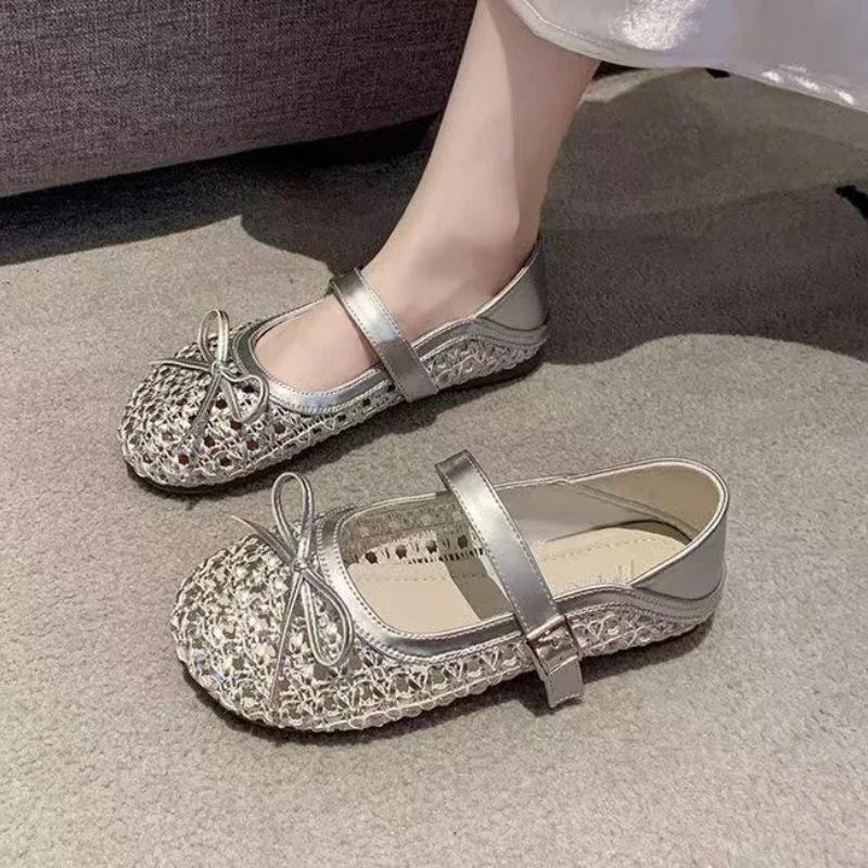

Модная летняя сетчатая обувь с бантом, балетки, женская повседневная обувь, удобные женские сандалии для ходьбы, 2025, брендовое платье, лоферы в стиле Лолита, zapatos mujer 40 серебряный