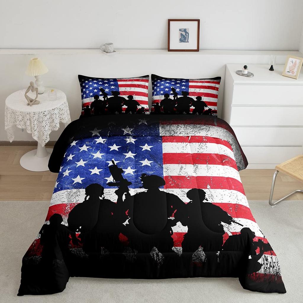 Amerikanischer Soldat Bettbezug Set Einzelbett für Jungen Jugendliche, Amerikanische Flagge Bettdeckenbezug Set, Flugzeug Steppdecke Bettwäschesets Queen-Size