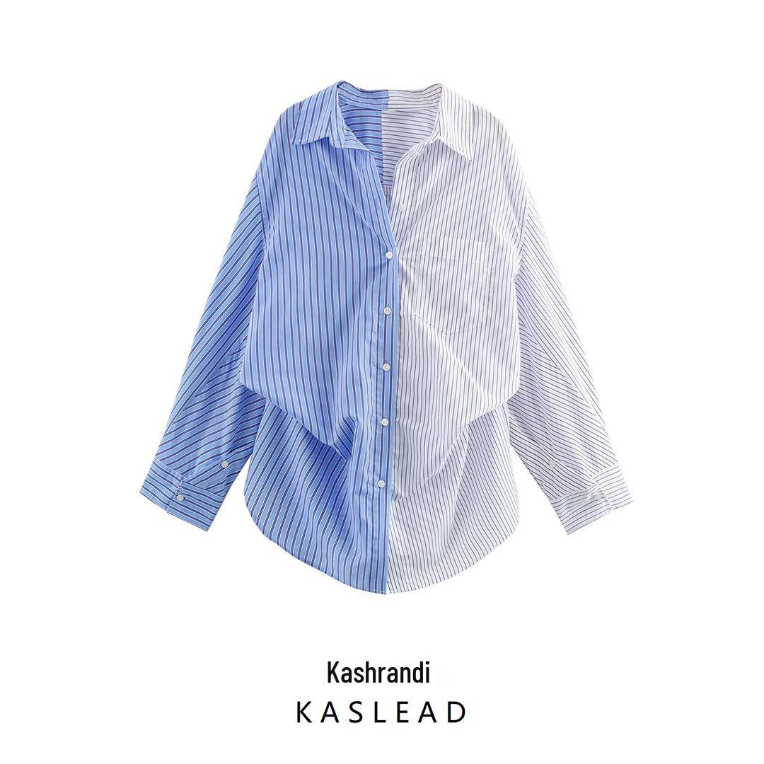 

2025 Spring Women s Fashion: European & American Style Striped Patchwork Poplin Loose Shirt with Turn-Down Collar Extra Small