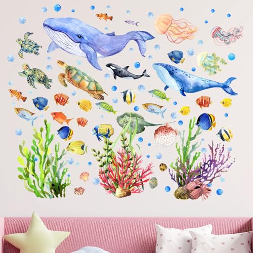 geneX Underwater Sea Creatures Wallpaper Stickers, Set of 4, Glow-in-the-Dark Wallpaper, Cute Turtle, Seaweed, Coral, and Fish, Underwater World Wall