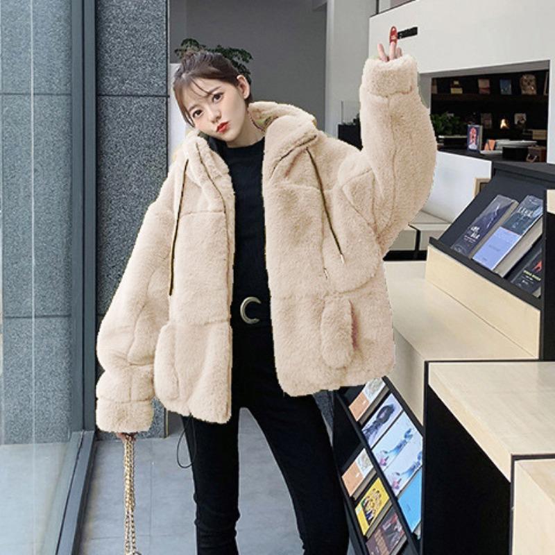 Autumn and Winter New Imitation Fur Jacket Female Rex Rabbit Hair Imitation Fur Hooded Plush Jacket Loose Warm and Fashionable