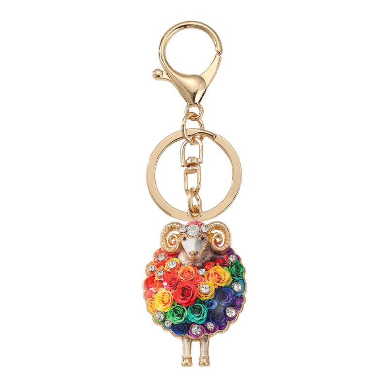 Rhinestone Rose Sheep Keychain With Shiny Crystals Great As Bag Pendant Key Holder Gift