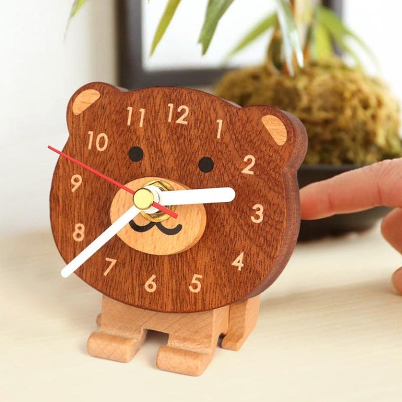 Korean Cartoon Bear Decorative Table Clock Creative Solid Wood Ornaments Clock Bedroom Office Desk Decoration Quartz Watch