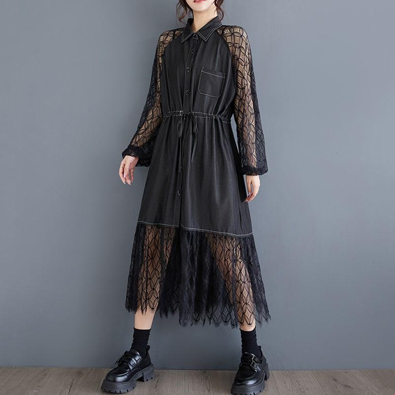 Langarm Plus Größe Vintage Spitze Patchwork neue Kleider für Frauen lässig locker Frühling Sommer Herbst Hemdkleid