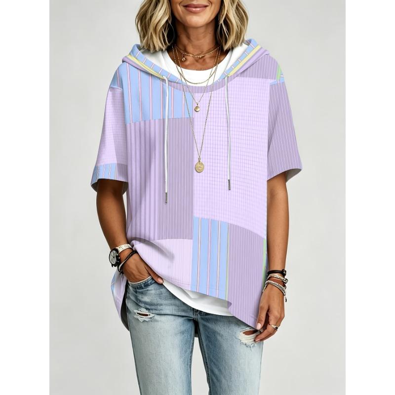 Plus size women's hooded top plaid striped patchwork loose dropped shoulder sleeves hoodie